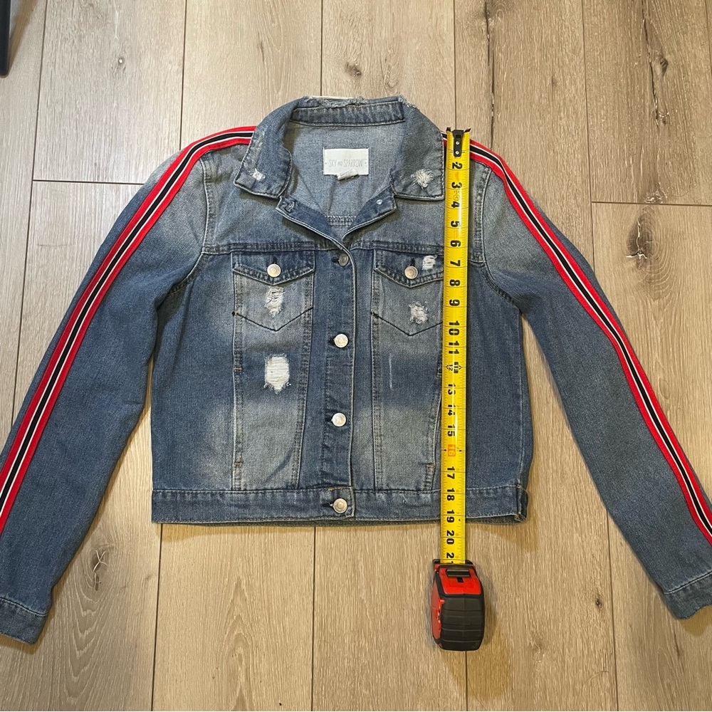 Trendy Sky & Sparrow Distressed Racer Stripe Denim Jacket M Streetwear - Picture 5 of 6